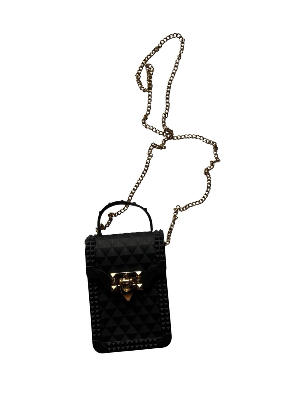 Black Pyramid-Texture Crossbody Bag with Gold Chain